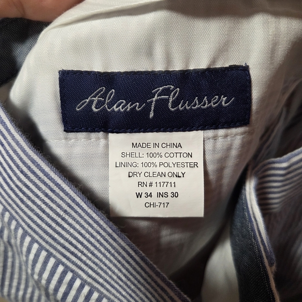 Alan Flusser Seersucker Pants Blue & White Cotton Size 34x30 - Picture 5 of 5